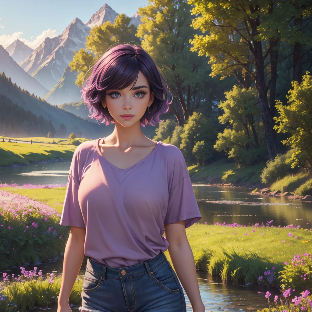 beautiful young woman with short purple hair, purple eyes, wearing a light brown t-shirt and shorts, standing in a stream, with a field of flowers, large forest, and mountains in the background, (best quality,4k,8k,highres,masterpiece:1.2),ultra-detailed,(realistic,photorealistic,photo-realistic:1.37),intricate details,highly detailed face, detailed eyes, detailed lips, long eyelashes, soft lighting, serene landscape, vivid colors, warm tones