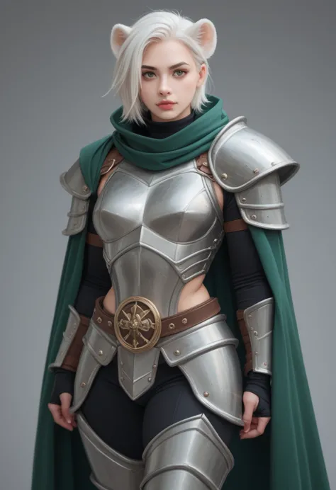 anthropomorphic muscular hyena woman wearing leather armor and a light green cape and short white hair striking dominant poses