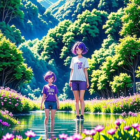 a beautiful girl with short purple hair, purple eyes, wearing a light brown t-shirt and shorts, standing in a stream. behind her...