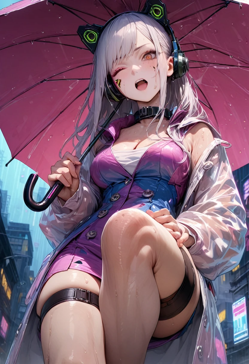 (best quality, masterpiece:1.2), 8k, very aesthetic, absurdres, high resolution, detailed face, official art, realistic, brown eyes, swept bangs, long hair, silver hair, robot cat ears, headphone, food, (oversized Transparent open raincoat:1.12), Sleeves that cover the wrists, (light blue minidress, pencil dress, silk dress:1.12), medium breasts, (cleavage:0.9), Thigh Band, collar, textured skin, BREAK (umbrella, hand holding umbrella:1.13), (knee up, soles), [Cyberpunk], rain, evil grin, one eye closed, open mouth, head tilt, sigh, sweaty, cowboy shot, from below, full body,