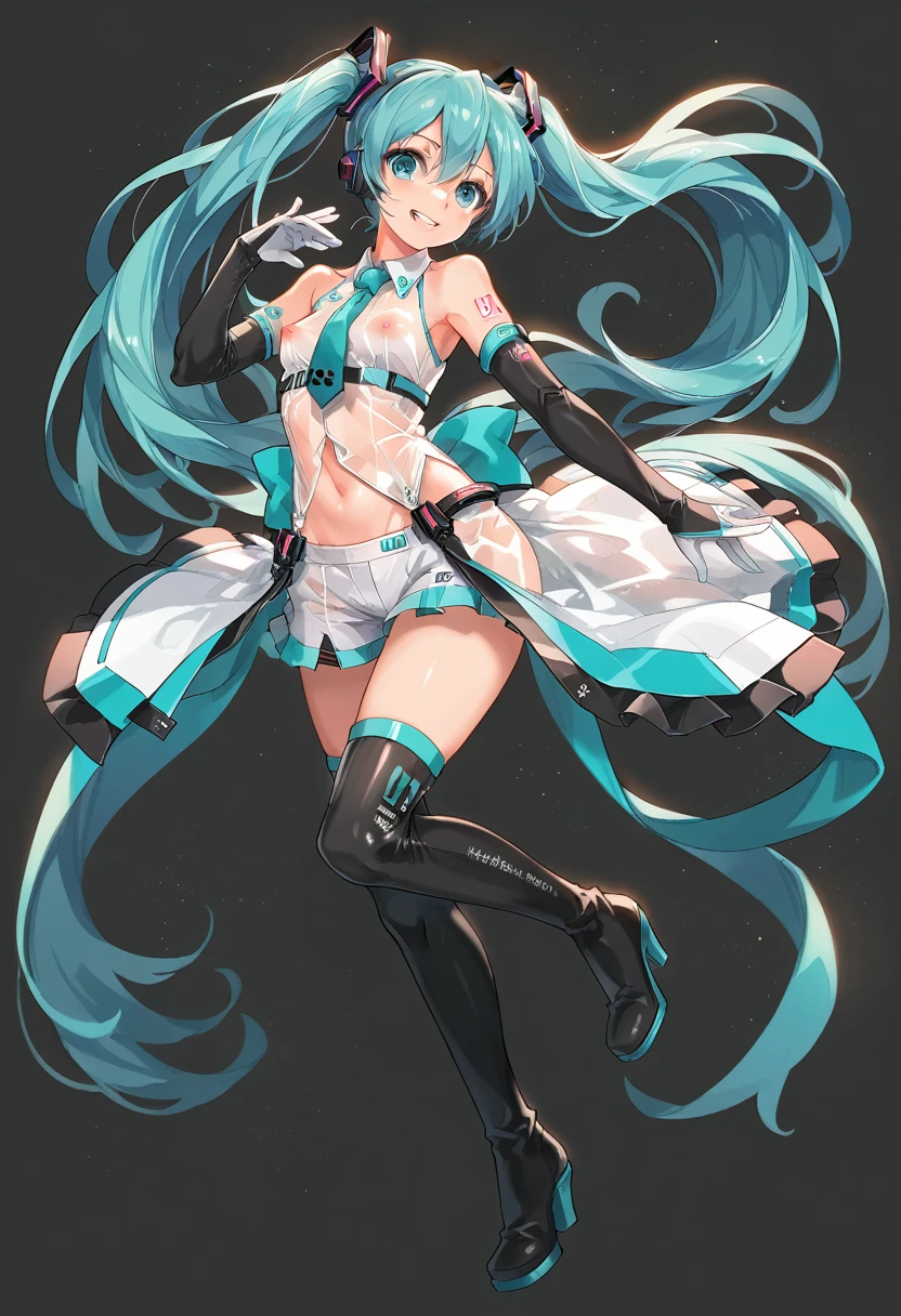  goodsmile_racing vocaloid hatsune_miku racing_miku racing_miku_(2012) official_art second-party_source 1girl aqua_eyes aqua_hair bare_shoulders black_footwear boots clothing_cutout cube dress elbow_gloves floating_hair from_side full_body gloves hair_ornament hand_in_own_hair headpiece high_heel_boots high_heels long_hair looking_at_viewer microskirt midriff navel necktie outstretched_arm race_queen see-through see-through_dress see-through_necktie short_necktie shorts shorts_under_skirt simple_background skirt smile solo split-color_clothes standing stomach_cutout teeth thigh_boots twintails upper_teeth_only very_long_hair white_background white_footwear white_gloves nipples masterpiece, best quality