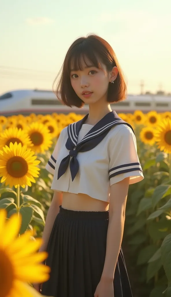 (((Extreme realism:1.21))), (((live-action:1.5))), ((Realistic beautiful girl:1.3)), ((Realistic sunlight, 8k, Best Quality, masterpiece: 1.3)), Best Quality, shape, 非常にdetailed, detailed, High resolution, 8K wallpaper, Perfect dynamic composition, Beautiful attention to detail and extreme realism, Realistic, Beautiful Japanese Woman, Japanese women, null, Flowing Clouds, Sunflower field in the background:1.21, In the distance, a 700 series Shinkansen train runs along the bank.:1.37, Brown Hair, Short Bob Hair, ((Flat Chest:1.37)), Thin limbs:1.37, Narrow waist:1.37, I can see your belly:1.21, Sailor uniforms from famous Tokyo Metropolitan High Schools, White Uniform, Short-sleeved sailor uniform:1.21, sera fuku:1.21, Navy blue pleated mini skirt, Her hair and uniform are fluttering in the wind, Movie Lighting,