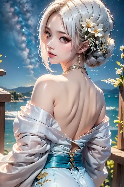 masterpiece, best quality, highly detailed, 1girl, white hair, off shoulder, off shoulder kimono,  matte texture. look up at the...