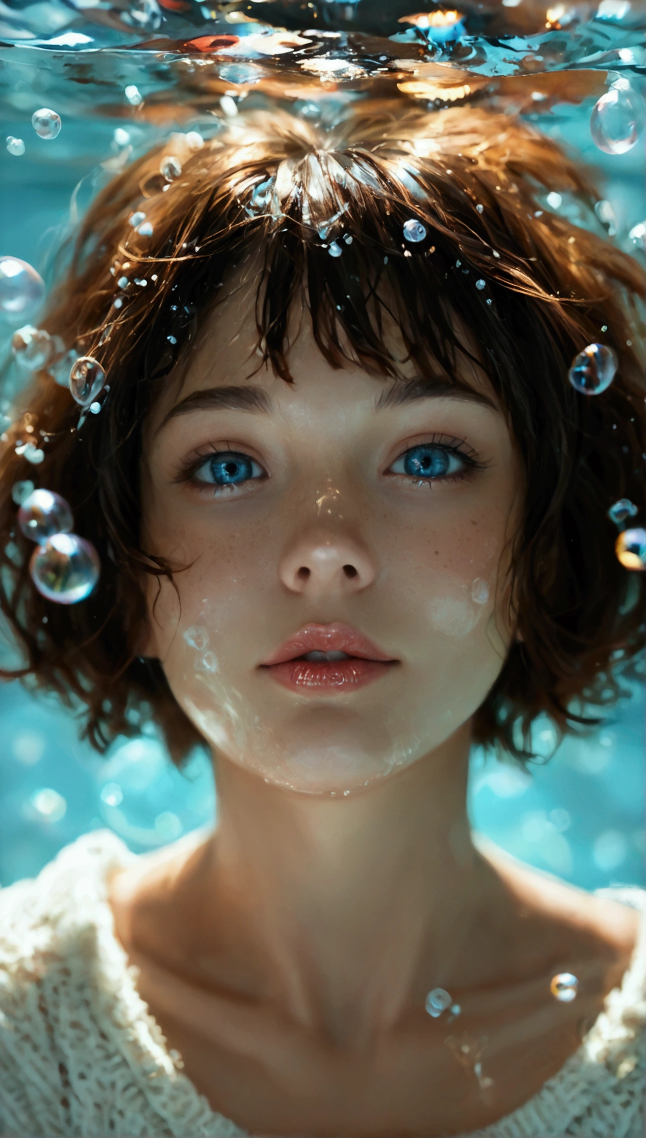 core_9, score_8_up, score_7_up, 1girl, solo, looking at viewer, short hair, blue eyes, brown hair, black hair, collarbones, parted lips, water, lips, white sweater, sunlight, bubbles, underwater, ((small bubbles)), red balloons, high quality, 8k, hyperrealistic, cinematic lighting, photorealistic, masterpiece, exquisite details, intricate details, vibrant colors, natural skin tones, beautiful portrait, elegant pose, translucent water, floating bubbles, striking atmosphere, dreamlike ambience