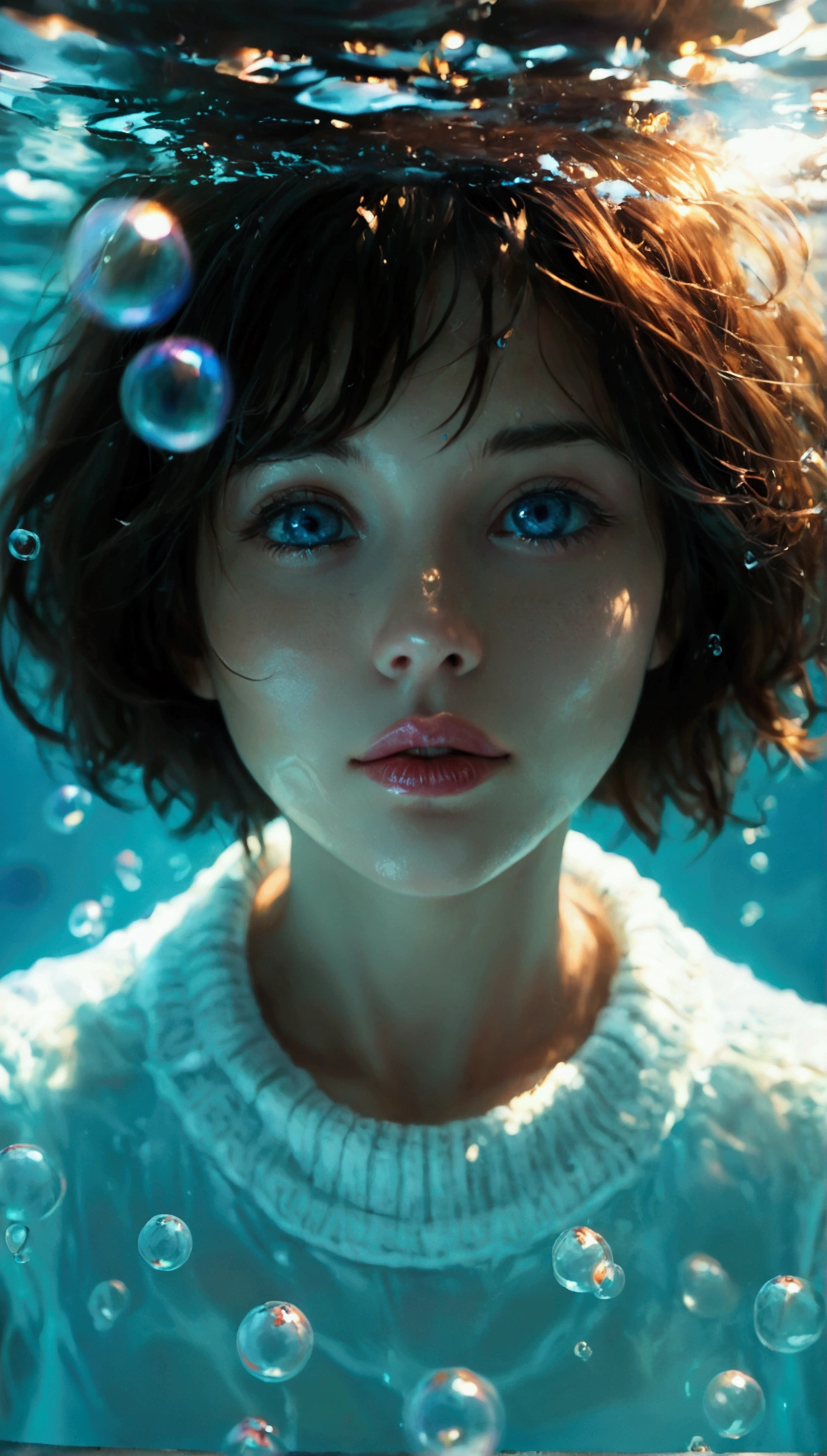 core_9, score_8_up, score_7_up, 1girl, solo, looking at viewer, short hair, blue eyes, brown hair, black hair, collarbones, parted lips, water, lips, white sweater, sunlight, bubbles, underwater, ((small bubbles)), red balloons, high quality, 8k, hyperrealistic, cinematic lighting, photorealistic, masterpiece, exquisite details, intricate details, vibrant colors, natural skin tones, beautiful portrait, elegant pose, translucent water, floating bubbles, striking atmosphere, dreamlike ambience