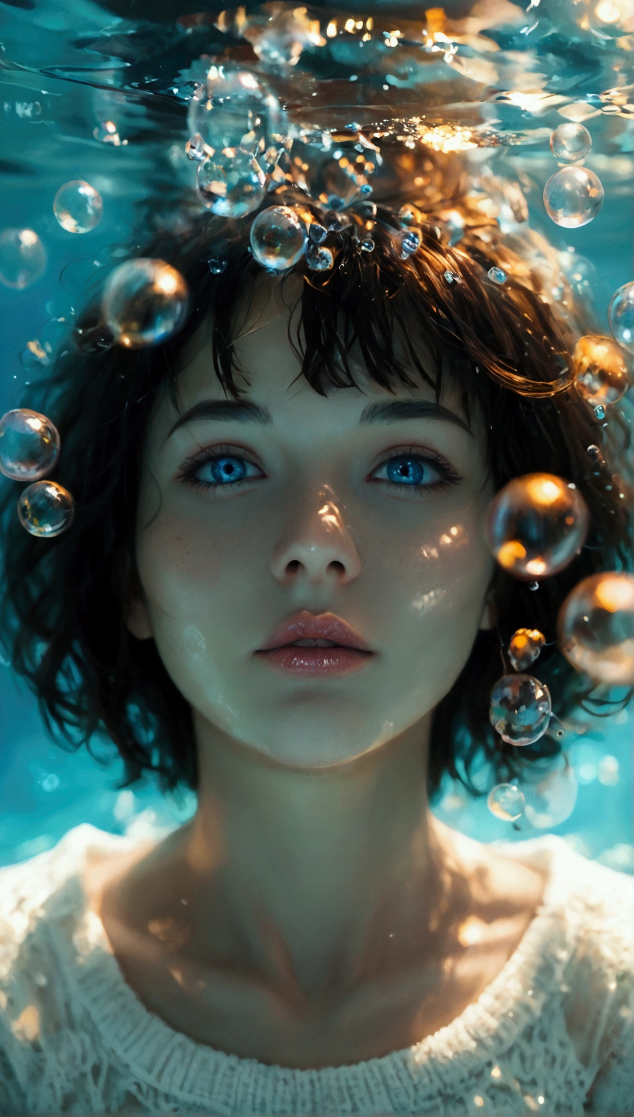 core_9, score_8_up, score_7_up, 1girl, solo, looking at viewer, short hair, blue eyes, brown hair, black hair, collarbones, parted lips, water, lips, white sweater, sunlight, bubbles, underwater, ((small bubbles)), red balloons, high quality, 8k, hyperrealistic, cinematic lighting, photorealistic, masterpiece, exquisite details, intricate details, vibrant colors, natural skin tones, beautiful portrait, elegant pose, translucent water, floating bubbles, striking atmosphere, dreamlike ambience