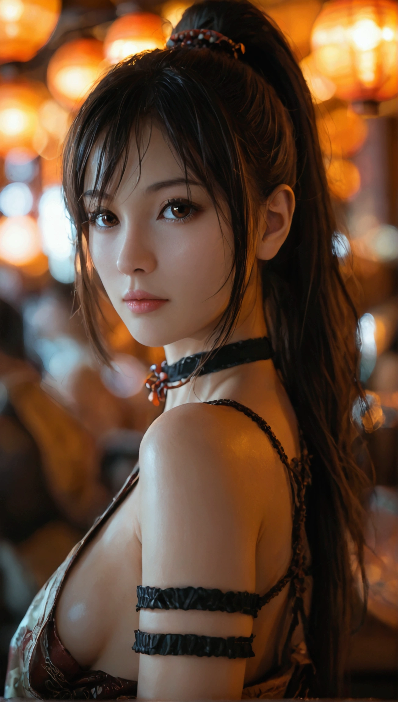 core_9, score_8_up, score_7_up, 1girl, solo, long hair, breasts, looking at viewer, medium breasts, brown hair, bare shoulders, brown eyes, closed mouth, upper body, ponytail, japanese clothes, sleeveless, choker, blurry, arm up, lips, parted bangs, sash, blurry background, high ponytail, rope, armband, arms behind head, ninja, shiranui mai, A sultry blonde bombshell, with luscious locks and subtle blond tips, sashays shamelessly across the dimly lit bar. Shallow depth of field and Chiaroscuro Lighting Style create a dramatic atmosphere, partially covering her in shadow. The crowd blends into the background as she strikes a provocative pose, bathed in a warm glow, (extremely soft breasts, breasts apart), Lens flare: 0.4, Cinematic Bokeh: 1.3,Expressiveh,concept art,dark theme,Painstaking Attention To Details