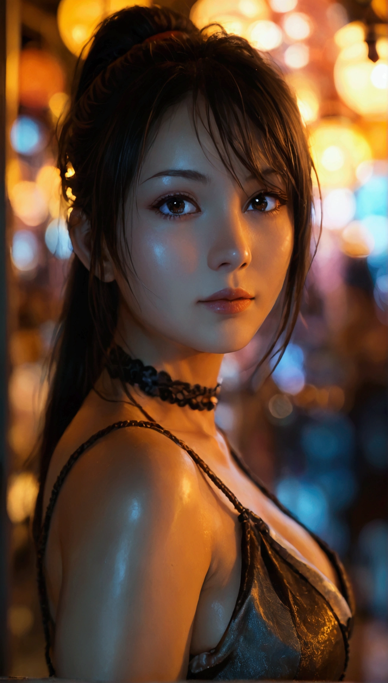 core_9, score_8_up, score_7_up, 1girl, solo, long hair, breasts, looking at viewer, medium breasts, brown hair, bare shoulders, brown eyes, closed mouth, upper body, ponytail, japanese clothes, sleeveless, choker, blurry, arm up, lips, parted bangs, sash, blurry background, high ponytail, rope, armband, arms behind head, ninja, shiranui mai, A sultry blonde bombshell, with luscious locks and subtle blond tips, sashays shamelessly across the dimly lit bar. Shallow depth of field and Chiaroscuro Lighting Style create a dramatic atmosphere, partially covering her in shadow. The crowd blends into the background as she strikes a provocative pose, bathed in a warm glow, (extremely soft breasts, breasts apart), Lens flare: 0.4, Cinematic Bokeh: 1.3,Expressiveh,concept art,dark theme,Painstaking Attention To Details