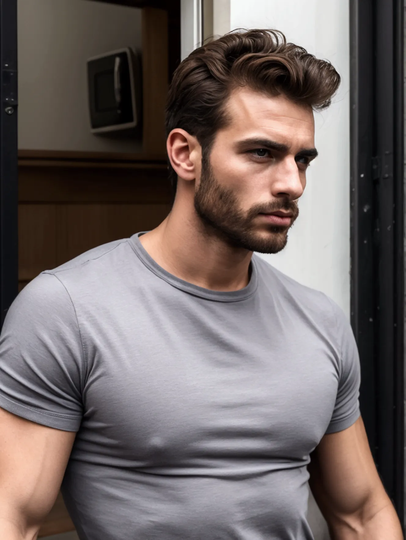 realistic image of my face a half muscular body wearing a shirt, brown hair, portrait of a ruggedly handsome men, muscular, half...