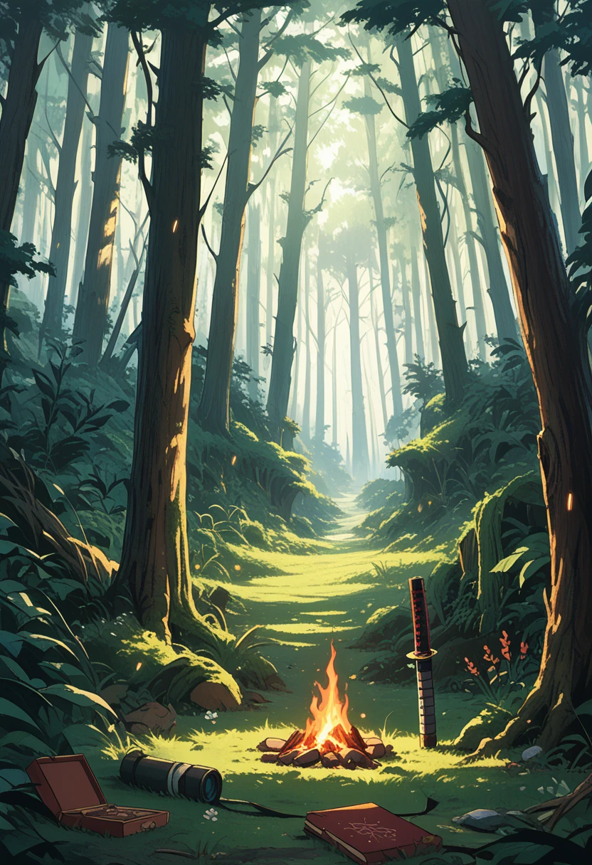 A serene digital painting of a dense, mystical forest under twilight. The setting features towering, slender trees with a light haze hanging amidst their trunks, casting soft shadows on the forest floor. In the center, a small, cozy campfire gently flickers, its warm light contrasting the cool, blue and green hues of the surroundings. Just in front of the fire, an open red book lies on the grass, surrounded by scattered daisies and various ninja weaponry, such as shurikens and a katana, subtly blended into the forest floor. The scene evokes a peaceful yet intriguing enchanted atmosphere, with a subtle glow from the fire illuminating the nearby ferns and the scattered items.