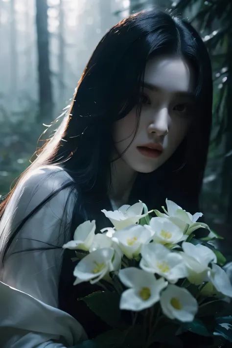 a ghost of a woman, long black hair, misty forest background, mystical feeling, pale white skin, white flowers, detailed portrai...