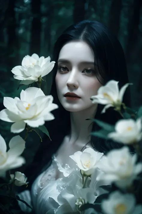 a ghost of a woman, long black hair, misty forest background, mystical feeling, pale white skin, white flowers, detailed portrai...