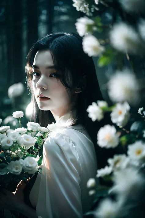 a ghost of a woman, long black hair, misty forest background, mystical feeling, pale white skin, white flowers, detailed portrai...