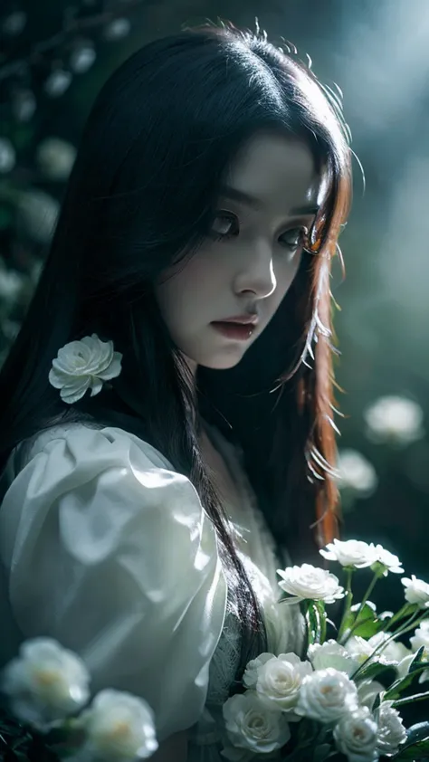 a ghost of a woman, long black hair, misty forest background, mystical feeling, pale white skin, white flowers, detailed portrai...