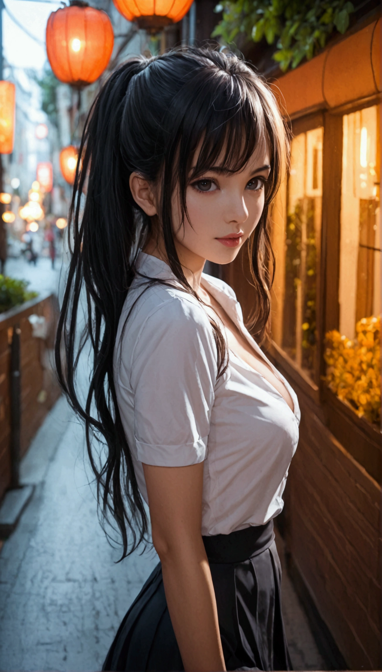 score_9, score_8_up, score_7_up, 1girl, beautifull face, beautifull eyes, fluffy long hair, medium breast, cleavage, erotic, seductive, black skirt, short skirt, white shirt, short sleeves, fullbody view, looking at viewer, on street, high detailed skin, detailed background, 8k uhd, dslr