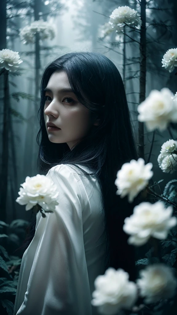 a ghost of a woman, long black hair, misty forest background, mystical feeling, pale white skin, white flowers, detailed portrait, highly detailed, photorealistic, cinematic lighting, dramatic shadows, moody atmosphere, fantasy art, creepy face