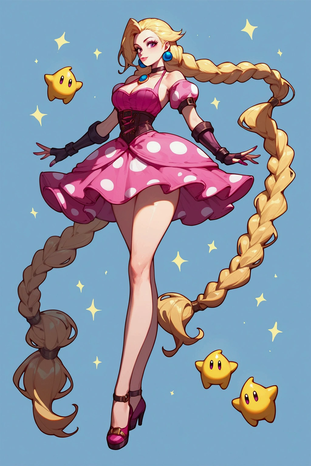 score_9, score_8_up, score_7_up, Jinx (league of legends), 1 girl, purple eyes, blonde hair, sexy, full body, squinty eyes, earrings, long eyelashes, sexy, big bust, pretty face, dressed as peach (Mario Bros), pink dress