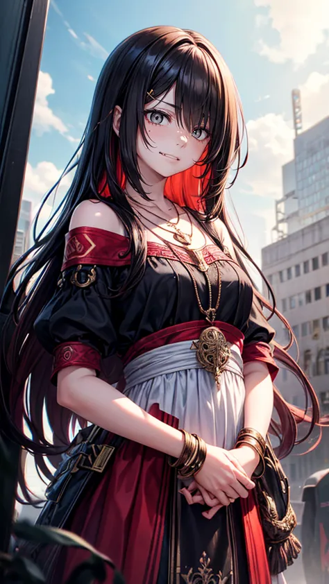 , intricate details, chromatic aberration, 1 girl, long hair, black hair, messy hair, red highlights, hair covering one eye, red...