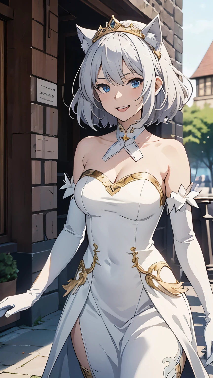 Tabletop　High resolution　Best image quality　8k　 Adult Female　Anime Style　White long gloves(Elbow Gloves)　White long dress（Strapless）（Gold decoration）White wolf ears　Tiara　Short Hair（（Shortcuts）（Gray Hair）（Perm）（Fluffy））　blue eyes　Attractive face（（Laughter）（smile）（Please open your mouth））　Standing　Walking around the castle town