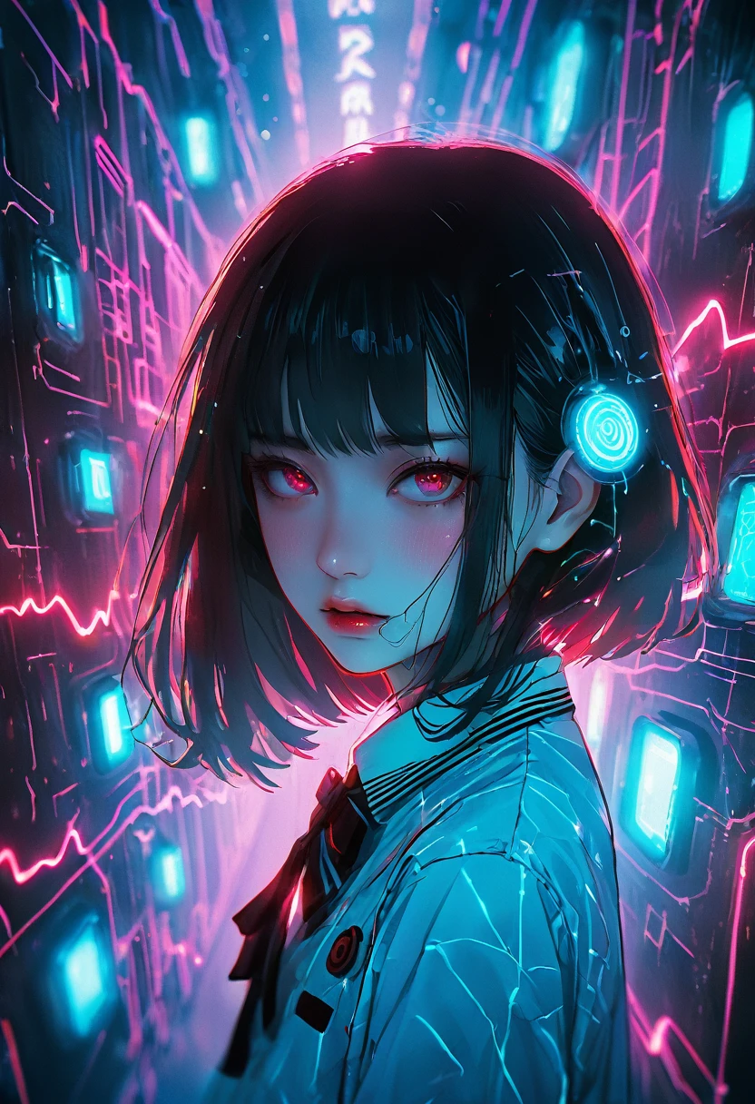 Surreal horror, Anime Style, Cinematic, High contrast, Vivid Colors、Spooky atmosphere, psychological tension, Complex line drawing, Nightmare、Cybersurreal