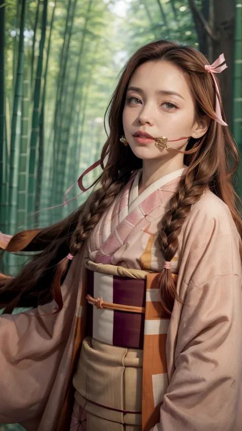 (((masterpiece))), nezuko, one girl, bamboo, bit gag, brown hair, checked sash, gag, gagged, gradient hair, hair ribbon, haori, ...