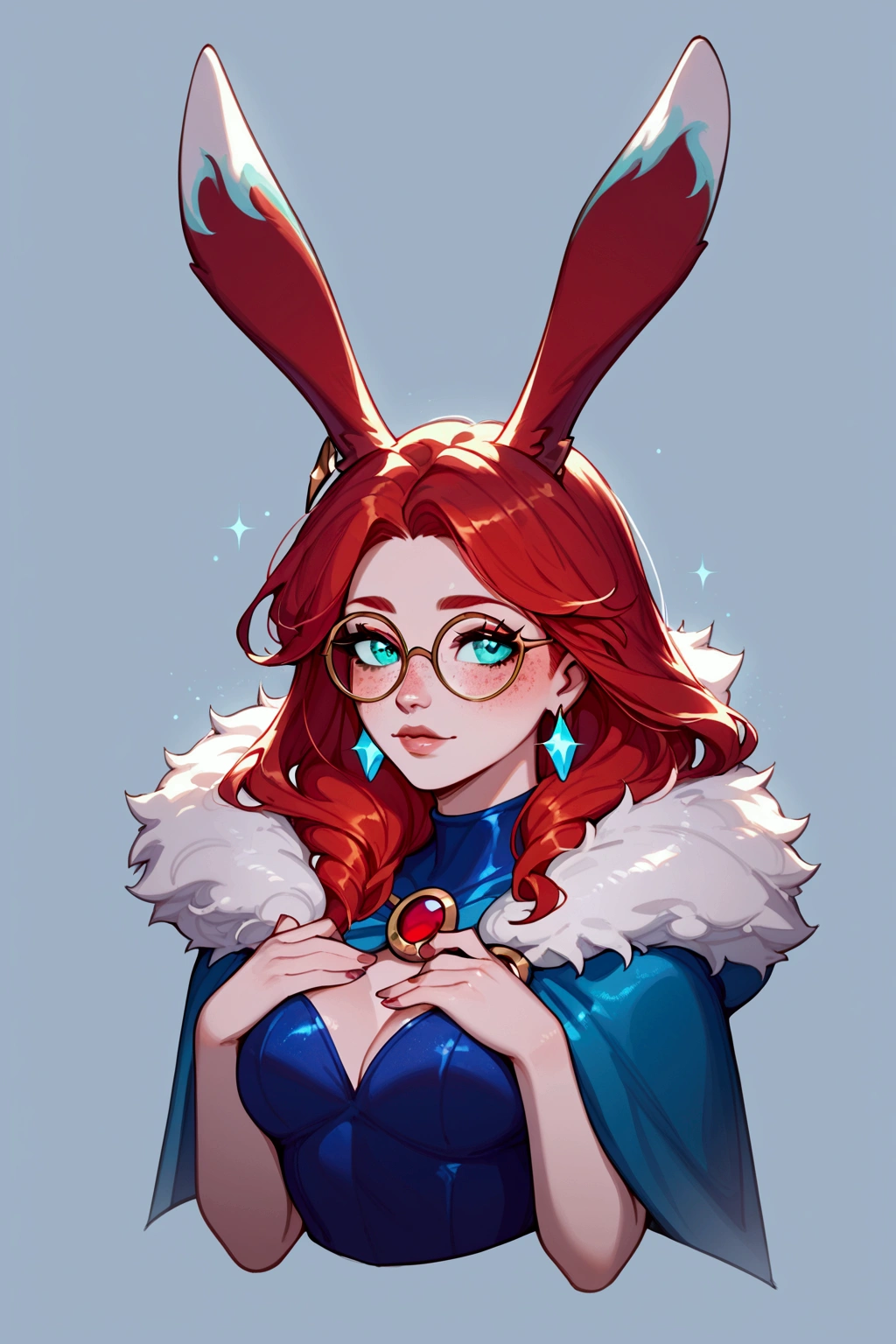 score_9, score_8_up, score_7_up, Aurora (league of legends), 1 girl, blue eyes, red hair, round glasses, bunny ears, freckles, sexy, squinty eyes, earrings, long eyelashes, sexy, pretty face, dressed as Starfire (Teen Titans),