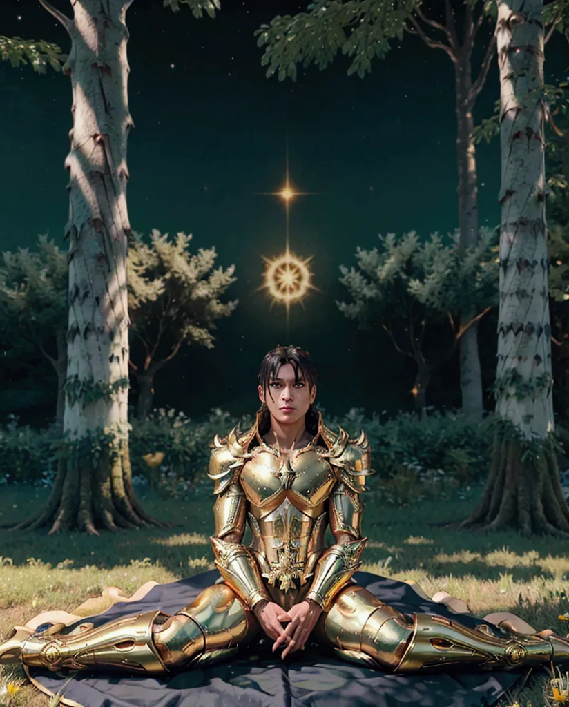 young man in a golden armor, sit in a loto position, floating in the air, in a field with trees, unreal engine render saint seiy...