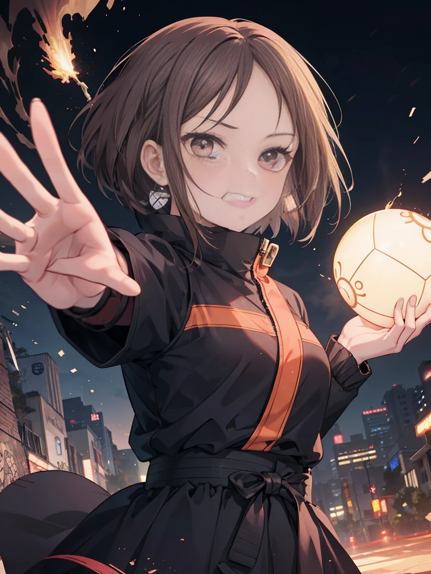 an animated avatar is holding a ball in her hand, with a glowing effect around the ball, 1girl, brown hair, solo, uzumaki naruto, teeth, clenched teeth, forehead protector