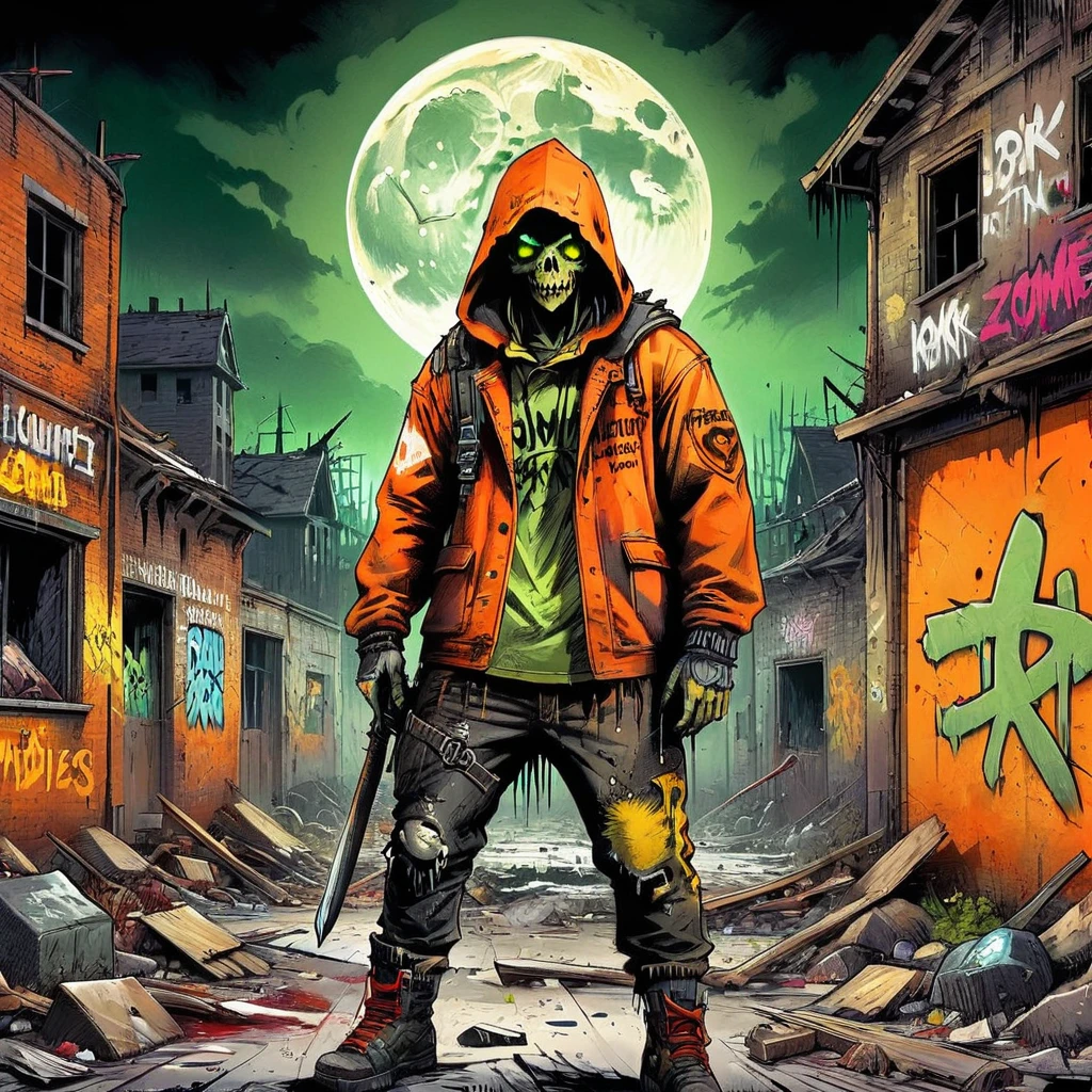 ((Postapocalyptic Wasteland, Abandoned place, crushed stone, destruction, destroyed buildings graffiti on the walls:1.5)), ((dark zombies, ragged clothes with a hood and weapons, dynamic pose, epic:1.6)), ((background dark, full moon night:1.4)), (masterpiece),(Best quality:1.4), (Ultra high resolution:1.4), detailed painting, (((Dark colors, Orange, green, yellow, intricate:1.5) ), (( Postapocalyptic:1.4 )), (( Best quality, Bright, 32K, clearly defined highlights and shadows without text:1.3).