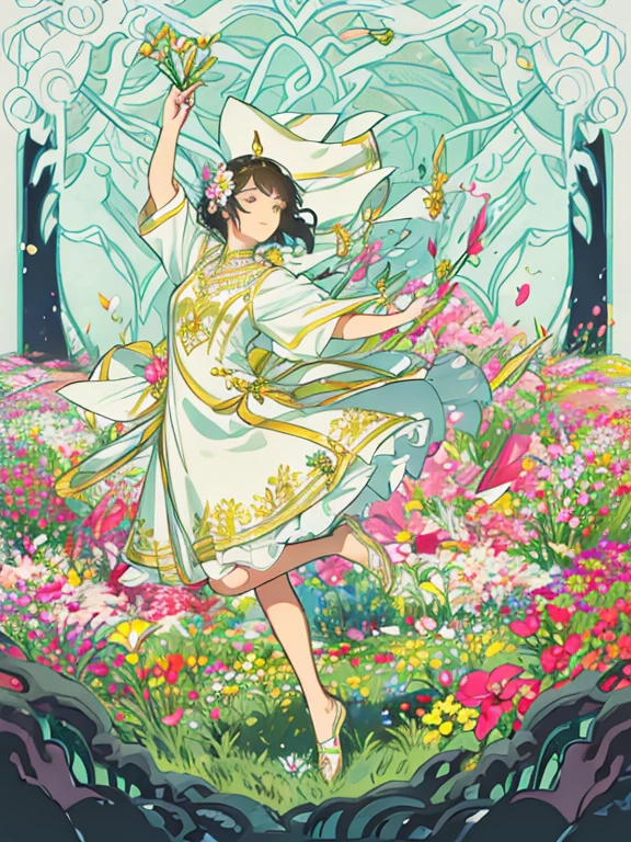 **プロンプト**:  
"In a vibrant and colorful flower field, a graceful dancer twirls and sways, her movements in perfect harmony with the countless types of blooming flowers surrounding her. The field is a tapestry of colors—roses, daisies, tulips, and lilies in every imaginable hue, from soft pastels to bold reds, purples, and yellows. The dancer's flowing attire catches the wind as she moves, adding to the ethereal atmosphere of the scene. Her feet seem to glide effortlessly over the soft petals, and the flowers gently sway in response to her steps, as if they are dancing along with her. The sunlight bathes the field in a warm glow, illuminating the entire scene with a serene, almost magical quality." 

This prompt highlights the serene and enchanting nature of a dancer performing in a diverse flower field.