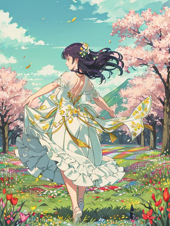 **プロンプト**:  
"In a vibrant and colorful flower field, a graceful dancer twirls and sways, her movements in perfect harmony with the countless types of blooming flowers surrounding her. The field is a tapestry of colors—roses, daisies, tulips, and lilies in every imaginable hue, from soft pastels to bold reds, purples, and yellows. The dancer's flowing attire catches the wind as she moves, adding to the ethereal atmosphere of the scene. Her feet seem to glide effortlessly over the soft petals, and the flowers gently sway in response to her steps, as if they are dancing along with her. The sunlight bathes the field in a warm glow, illuminating the entire scene with a serene, almost magical quality." 

This prompt highlights the serene and enchanting nature of a dancer performing in a diverse flower field.