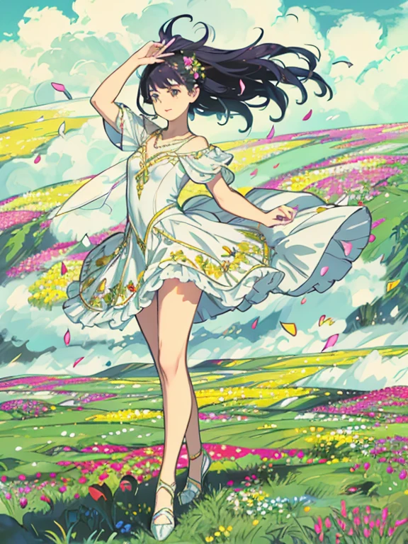 **プロンプト**:  
"In a vibrant and colorful flower field, a graceful dancer twirls and sways, her movements in perfect harmony with the countless types of blooming flowers surrounding her. The field is a tapestry of colors—roses, daisies, tulips, and lilies in every imaginable hue, from soft pastels to bold reds, purples, and yellows. The dancer's flowing attire catches the wind as she moves, adding to the ethereal atmosphere of the scene. Her feet seem to glide effortlessly over the soft petals, and the flowers gently sway in response to her steps, as if they are dancing along with her. The sunlight bathes the field in a warm glow, illuminating the entire scene with a serene, almost magical quality." 

This prompt highlights the serene and enchanting nature of a dancer performing in a diverse flower field.