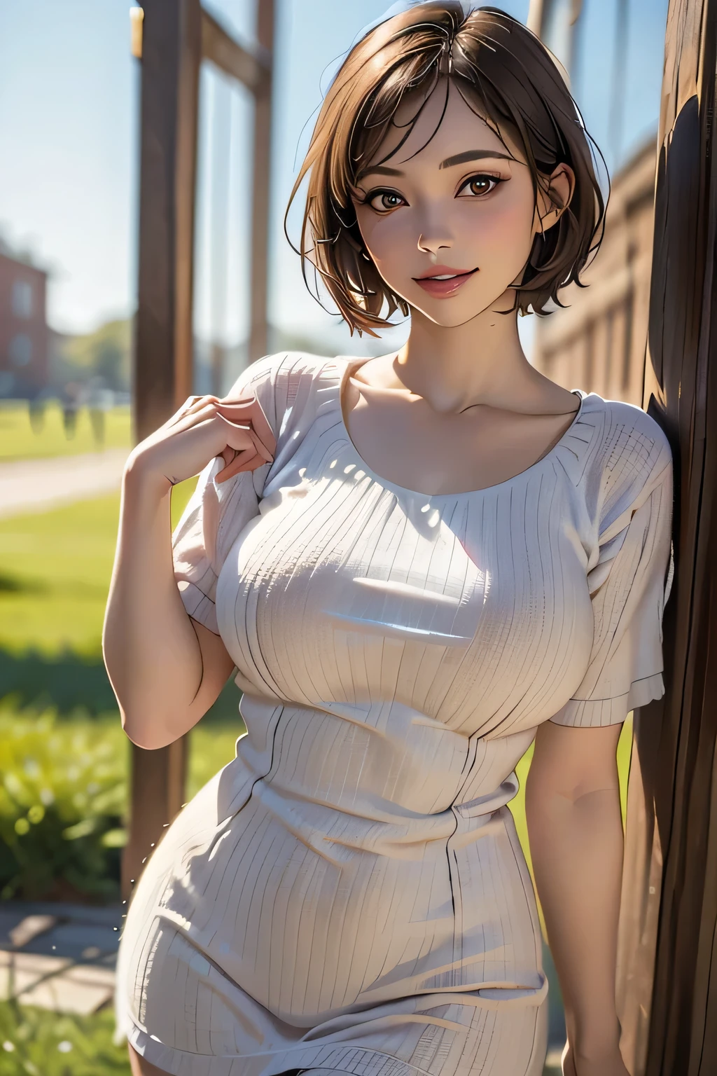 （Best Quality,4K,8k,High resolution,masterpiece:1.2),Very detailed,(Realistic,photoRealistic,photo-Realistic:1.37),High resolution,超High resolution,Ultra-fine painting,Sharp focus,Physically Based Rendering,Very detailed explanation,professional,Vivid Colors,bokeh,Portraiture,1 girl,(Big Breasts),grassland,so beautiful, (Gorgeous short dress), Curvy Body,Cowboy Shot