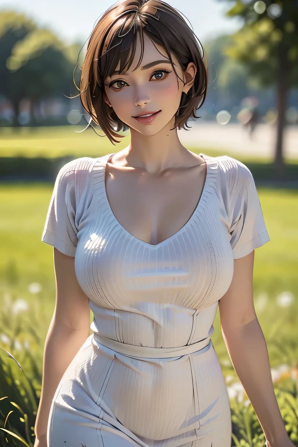 （Best Quality,4K,8k,High resolution,masterpiece:1.2),Very detailed,(Realistic,photoRealistic,photo-Realistic:1.37),High resolution,超High resolution,Ultra-fine painting,Sharp focus,Physically Based Rendering,Very detailed explanation,professional,Vivid Colors,bokeh,Portraiture,1 girl,(Big Breasts),grassland,so beautiful, (Gorgeous short dress), Curvy Body,Cowboy Shot