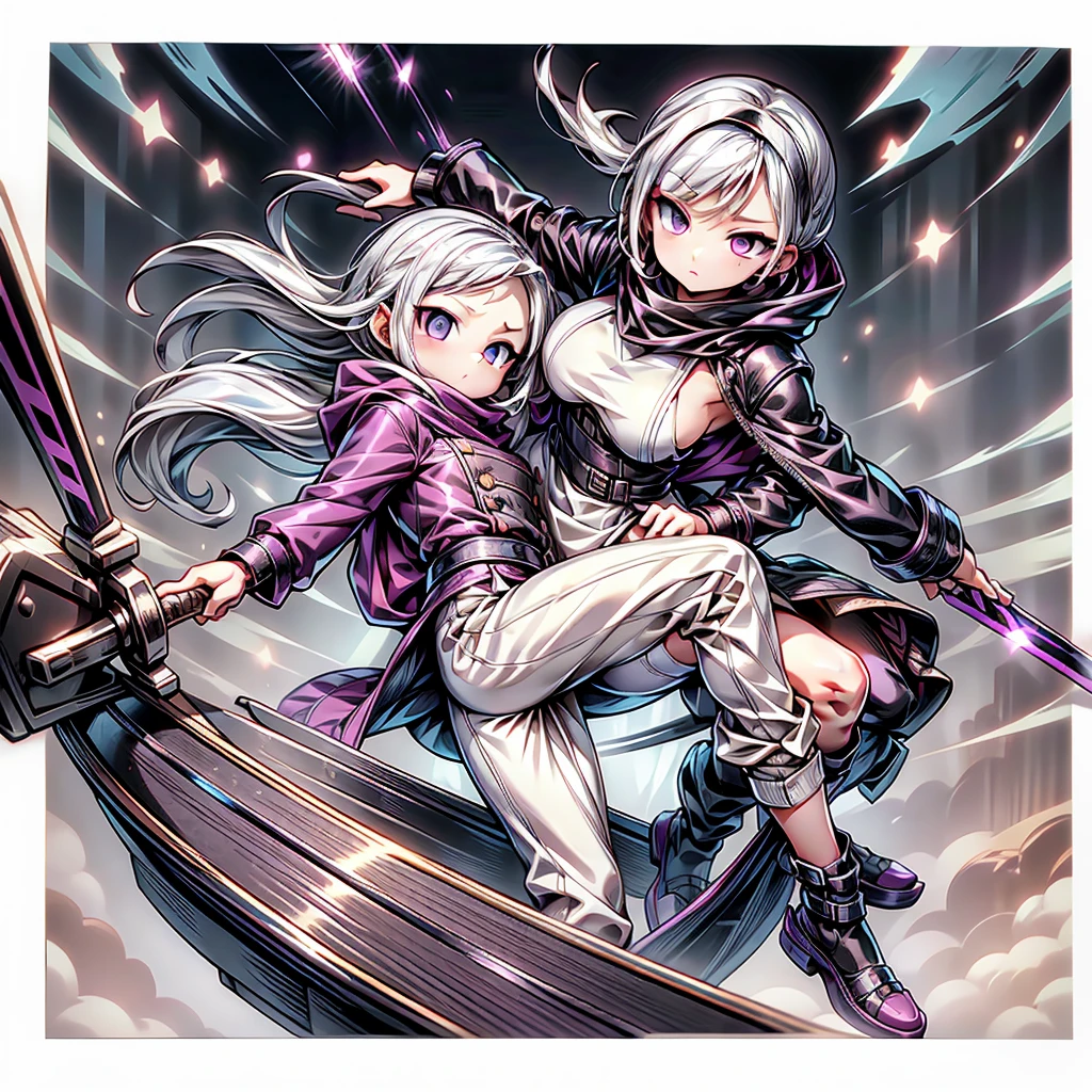 Highest quality、Masterpiece、Ultra detailed face、1 big breasted girl，solo，(picture)，（（（White colored hair））），（The flattest chest），Delicate face and beautiful eyes，Delicate hair，Extra long side hair），，One eye is hooded，scarf，（White background 1：：5），立ちpicture風，（（Lesbians all over）），（Detailed eyes），Leg Straps，Magenta and black cyberpunk jacket，Long trousers，Samurai Sword，Lightning background