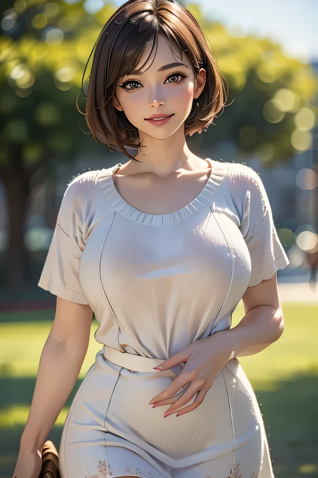 （Best Quality,4K,8k,High resolution,masterpiece:1.2),Very detailed,(Realistic,photoRealistic,photo-Realistic:1.37),High resolution,超High resolution,Ultra-fine painting,Sharp focus,Physically Based Rendering,Very detailed explanation,professional,Vivid Colors,bokeh,Portraiture,1 girl,(Big Breasts),grassland,so beautiful, (Gorgeous short dress), Curvy Body,Cowboy Shot