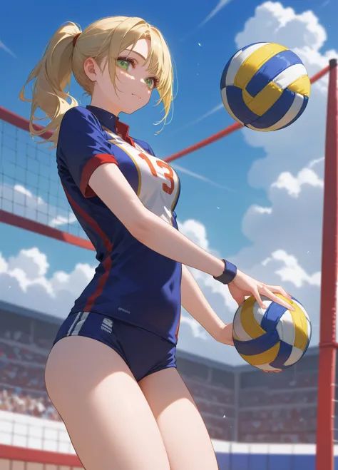 (1girl) (masterpiece) (detailed) adult female green eyes blonde girl, wearing volleyball uniform, no logos