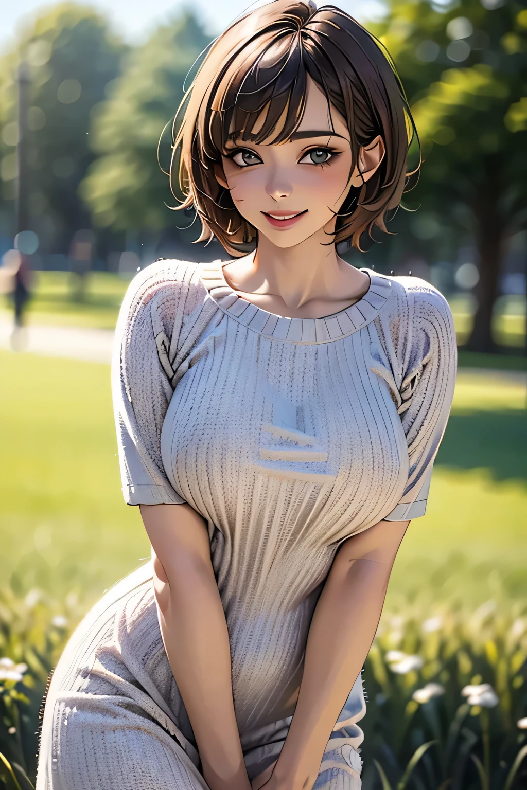 （Best Quality,4K,8k,High resolution,masterpiece:1.2),Very detailed,(Realistic,photoRealistic,photo-Realistic:1.37),High resolution,超High resolution,Ultra-fine painting,Sharp focus,Physically Based Rendering,Very detailed explanation,professional,Vivid Colors,bokeh,Portraiture,1 girl,(Big Breasts),grassland,so beautiful, (Gorgeous short dress), Curvy Body,Cowboy Shot