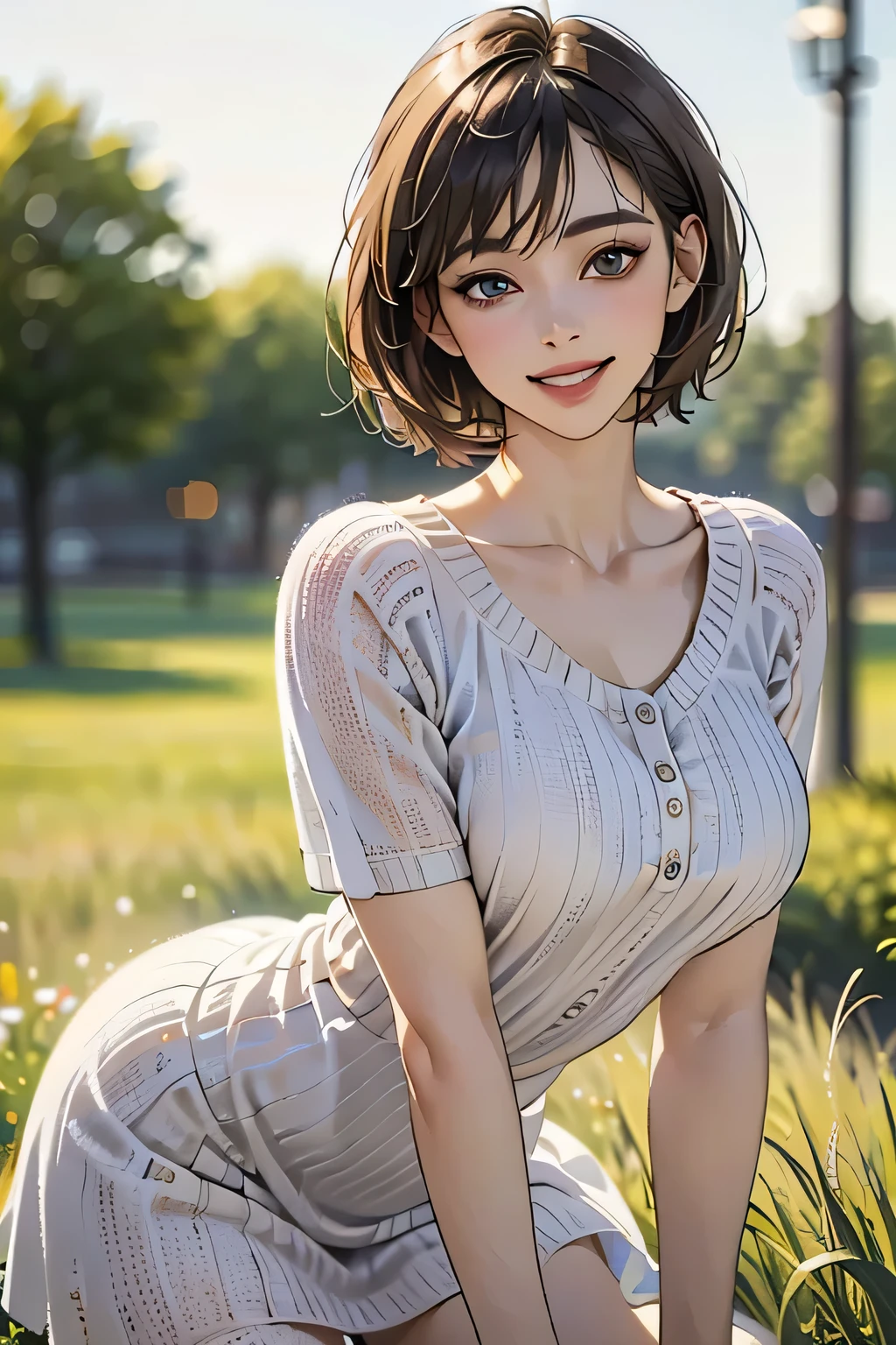 （Best Quality,4K,8k,High resolution,masterpiece:1.2),Very detailed,(Realistic,photoRealistic,photo-Realistic:1.37),High resolution,超High resolution,Ultra-fine painting,Sharp focus,Physically Based Rendering,Very detailed explanation,professional,Vivid Colors,bokeh,Portraiture,1 girl,(Big Breasts),grassland,so beautiful, (Gorgeous short dress), Curvy Body,Cowboy Shot