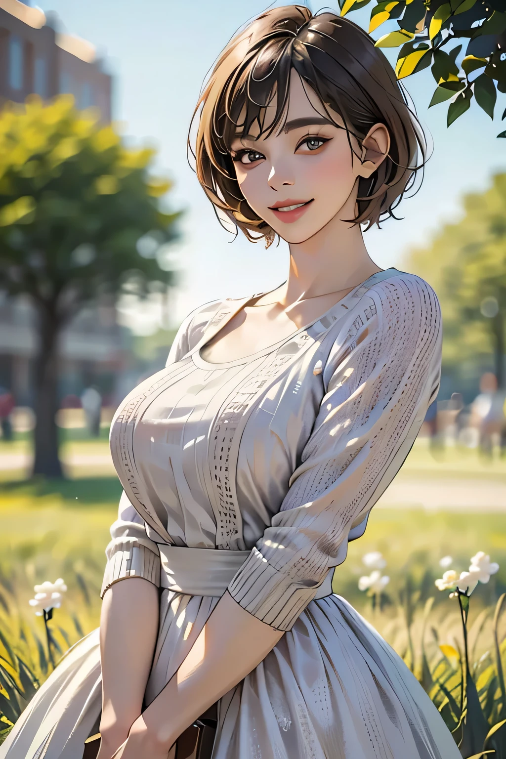 （Best Quality,4K,8k,High resolution,masterpiece:1.2),Very detailed,(Realistic,photoRealistic,photo-Realistic:1.37),High resolution,超High resolution,Ultra-fine painting,Sharp focus,Physically Based Rendering,Very detailed explanation,professional,Vivid Colors,bokeh,Portraiture,1 girl,(Big Breasts),grassland,so beautiful, (Gorgeous short dress), Curvy Body,Cowboy Shot