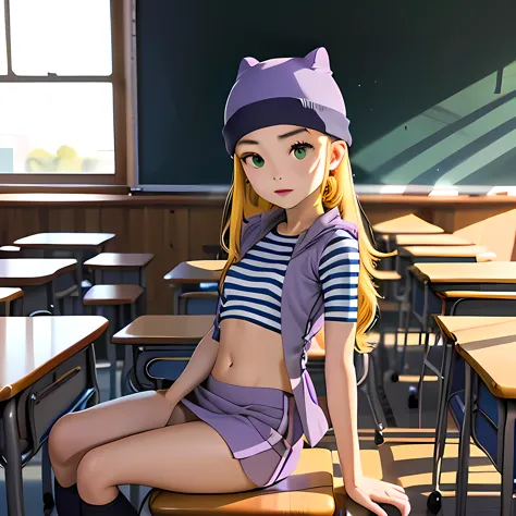 (masterpiece, best quality), 1girl, izumi orimoto, indoors, classroom, green eyes, blonde hair, long hair, purple beanie, purple...