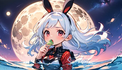 (best quality, masterpiece:1.2), ultra detailed, 1girll, bust photo，white hair，bunny ears，floated hair，red-black eyes，full moon，...