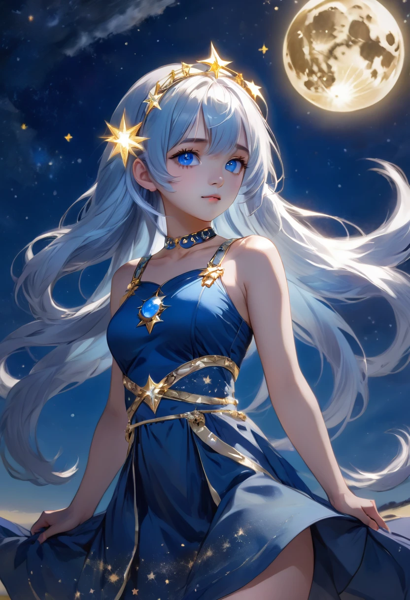 1 girl,(blue skin),colored skin,white hair,long hair,headband,blue gem on forhead,blue dress,gold ornament,gold harness,skimpy hip,bangs,deep of filed,cinematic lighting,floating,blue moon,starry sky,sleeveless,(SuperQuality:1.0) ~ (SuperQuality:1.2), AissistXLv2, unaestheticXL_bp5