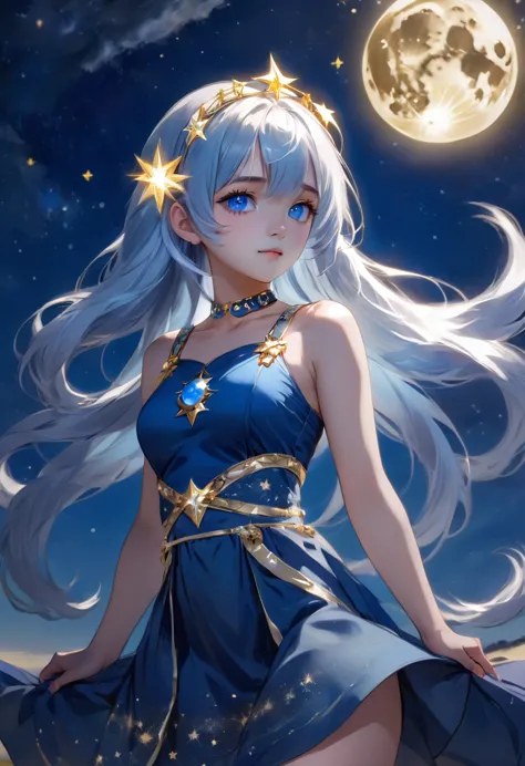 1 girl,(blue skin),colored skin,white hair,long hair,headband,blue gem on forhead,blue dress,gold ornament,gold harness,skimpy h...