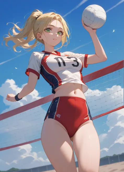 (1girl) (masterpiece) (detailed) adult female green eyes blonde girl, wearing revealing volleyball uniform, no logos