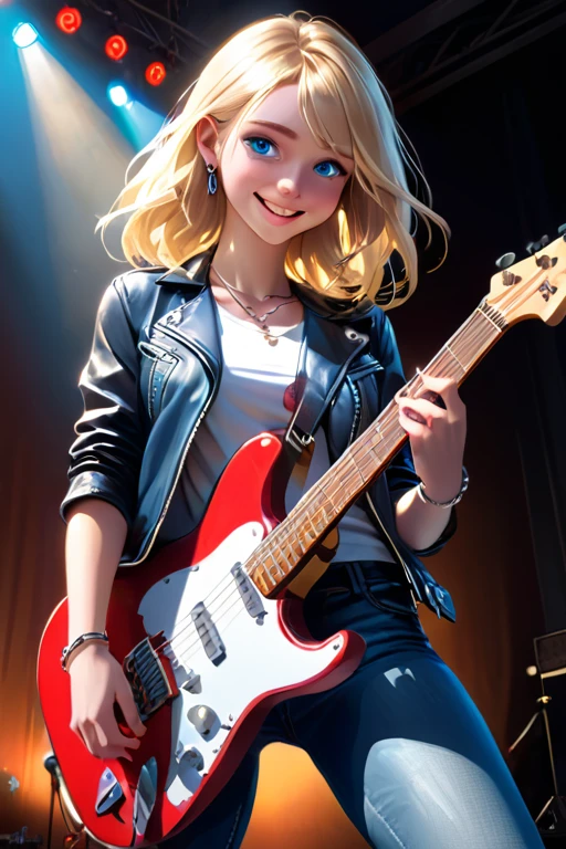 1 college girl; age 19; Slender, athletic; blonde hair; cheerful blue eyes; fair skin; smiling; average bust; trending on artstation; complex volumetric lighting; strong shadows; artistic lighting; dynamic; energetic vibe; realistic skin; specular highlights; micro-textures; highly detailed hair; standing on a sound stage holding a guitar; wearing a red leather jacket; blue jeans; white t-shirt and silver jewellery; rock performance