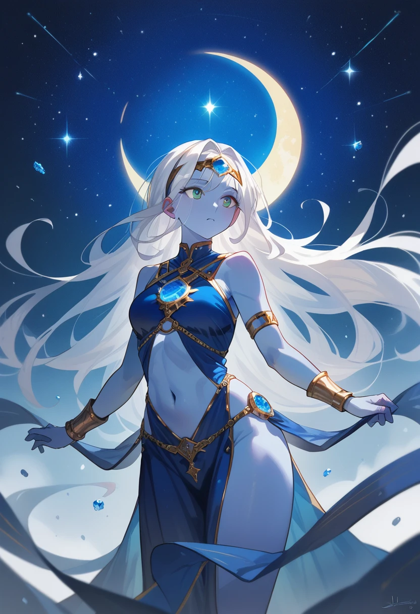 1 girl,(blue skin),colored skin,white hair,long hair,headband,blue gem on forhead,blue dress,gold ornament,gold harness,skimpy hip,bangs,deep of filed,cinematic lighting,floating,blue moon,starry sky,sleeveless,(SuperQuality:1.0) ~ (SuperQuality:1.2), AissistXLv2, unaestheticXL_bp5