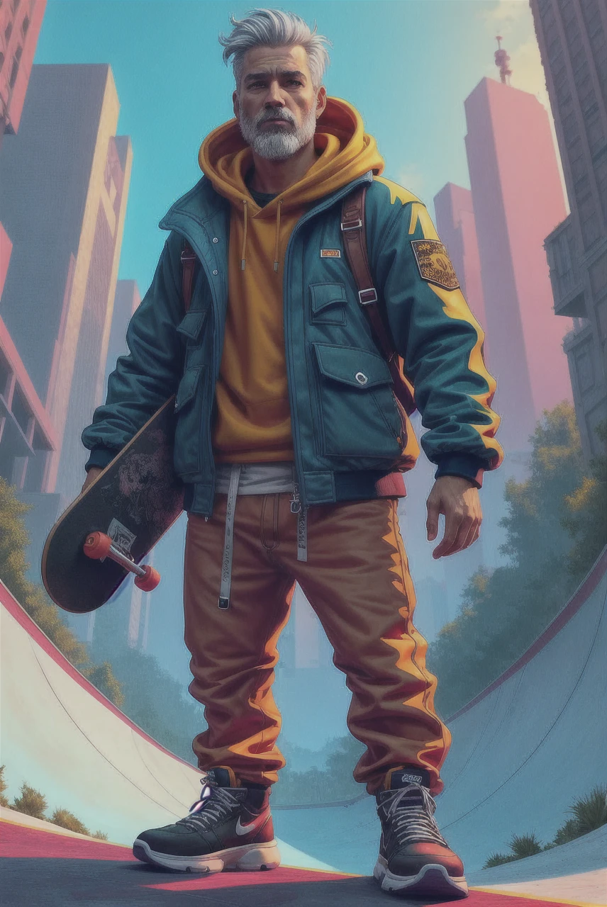 ((work of art, best quality)),photograph, detailed skin, <xml><input>realistic</input></xml>, photo-<xml><input>realistic</input></xml>, 8k, highly detailed, full body frame, edgFut_clothes neon, a skateboarder man wearing edgFut_clothes, neon,