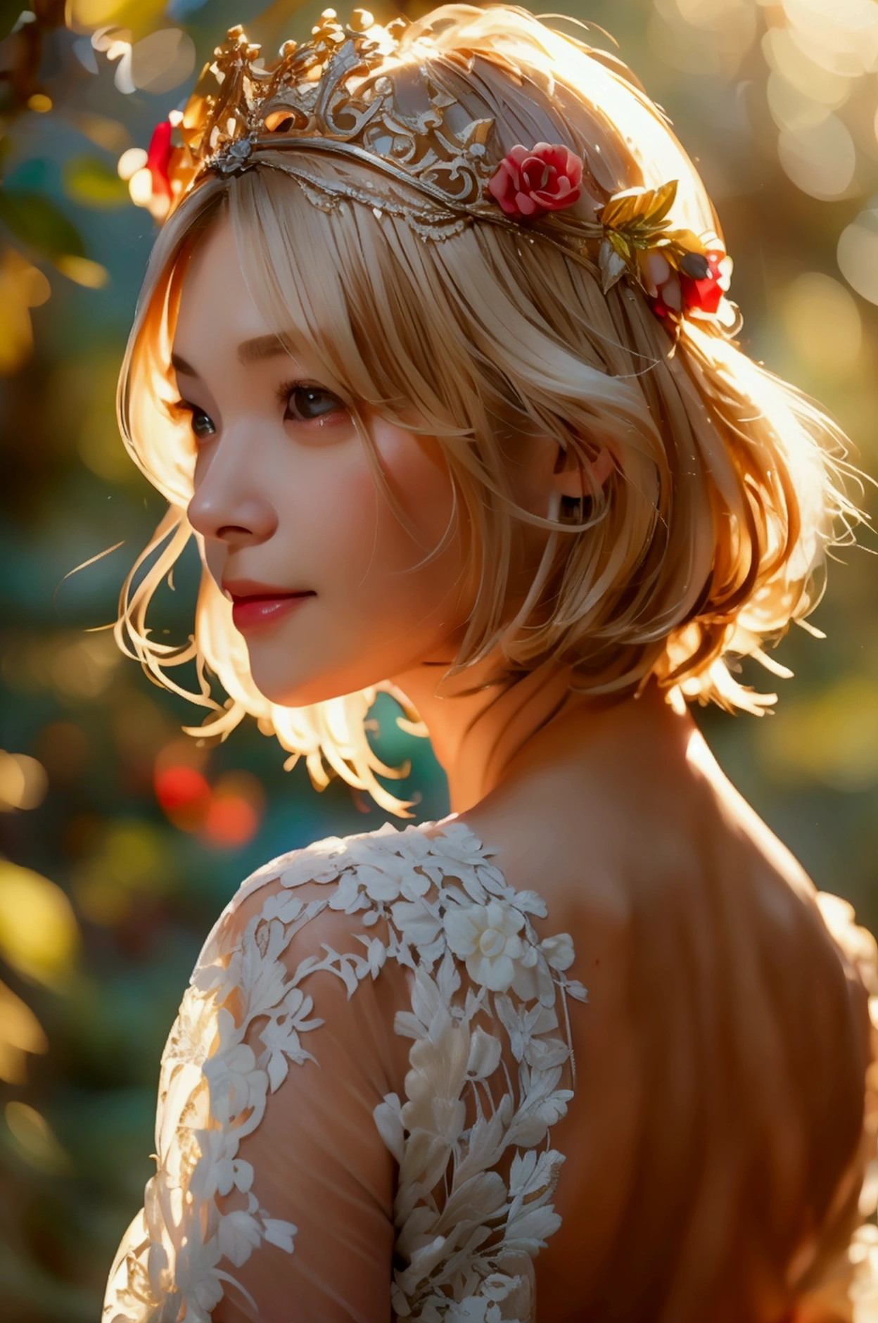 Very detailed, masterpiece, Cinematic Lighting Digital Photography, art,Surreal Paintings,girl, blonde,Short Hair,Happy smile,sexy,suit,(masterpiece, Side light, complicated, elegant, Very detailed,river,elegant,Crown,Luxurious,Flower Hair Ornaments,Mysterious Forest,beautiful, Detailed eyes: 1.2), High resolution,High nose,写真のための美しくsexyなポーズ,Big cleavage,Shiny skin,Wearing a printed lace dress,Turning her back,On all fours,Sweating profusely