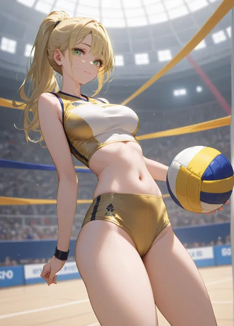 (1girl) (masterpiece) (detailed) adult female green eyes blonde girl, wearing revealing volleyball uniform, no logos, white and ...